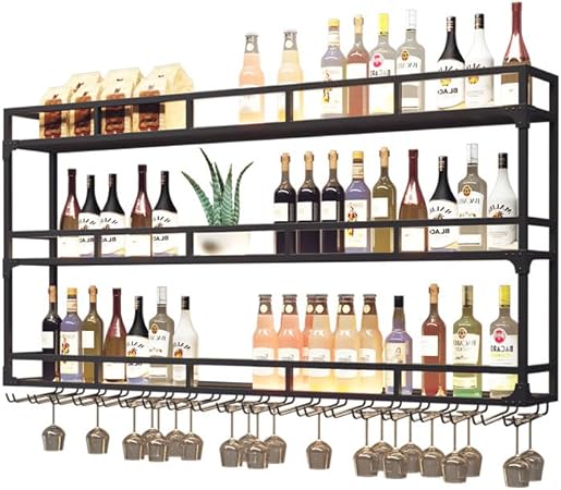 Photo 1 of **SEE NOTES** Large Heavy Duty 59in Wine Rack with LED Wall Mounted Bottle Glass Holder Under Shelf, 3-Tiers Liquor Floating Shelves Display Storage Organizer Hanging Long Stemware Goblet Metal for Home Bar
