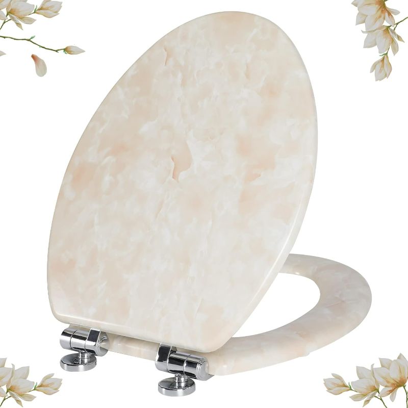 Photo 1 of Angel Shield Marble Toilet Seat Durable Molded Wood with Quiet Close, Easy Clean, Quick-Release Hinges(Elongated, Beige Marble)
