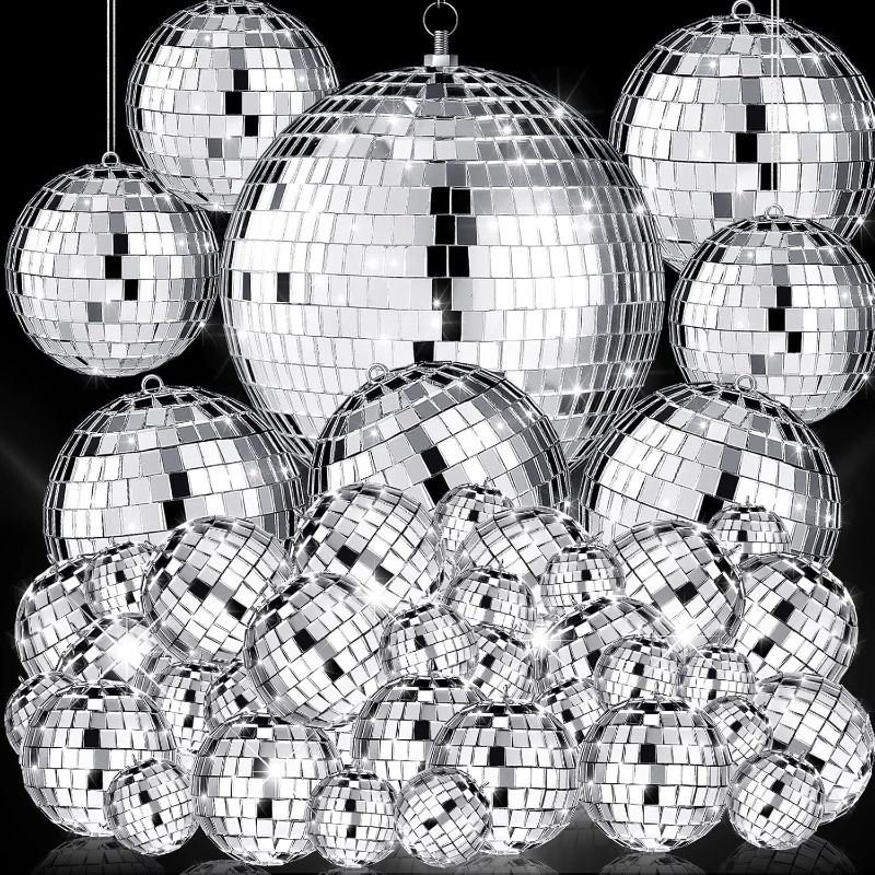 Photo 1 of 100 Pcs Mirror Disco Balls Decorations Different Sizes Bulk Silver Disco Balls Ornaments Hanging Disco Balls for Christmas Tree Dance Music 50s 60s 70s Disco Themed Party Decor (1, 2, 3, 4, 12)
