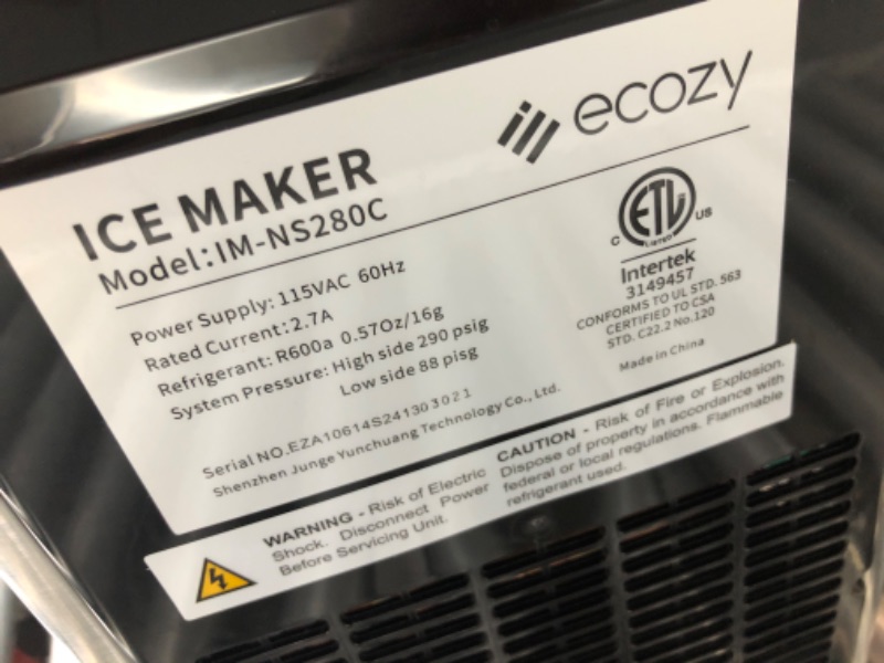 Photo 3 of ***USED - POWERS ON - UNABLE TO VERIFY FUNCTIONALITY***
Ecozy IM-NS280C Nugget Ice Maker Countertop - Chewable Pellet Ice Cubes, 33 lbs Daily Output, Stainless Steel Housing, Self-Cleaning Ice Machine with Ice Bags for Parties, Kitchen, Bar, Office, Silve