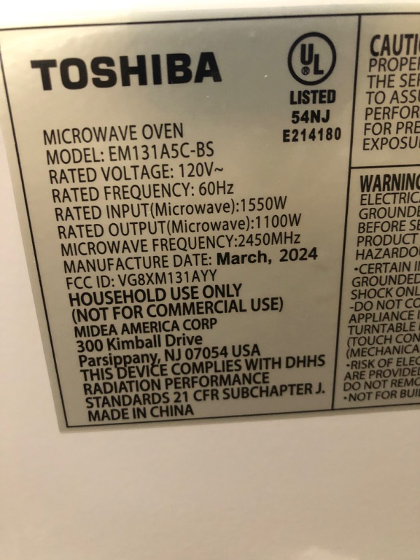 Photo 3 of **NON-REFUNDABLE, PARTS ONLY** TOSHIBA EM131A5C-BS Countertop Microwave Ovens 1.2 Cu Ft, 12.4" Removable Turntable Smart Humidity Sensor 12 Auto Menus Mute Function ECO Mode Easy Clean Interior Black Color 1100W 1.2 Cu.Ft. Black Microwave Oven