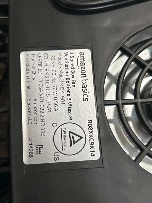 Photo 1 of Amazon Basics 20-Inch Box Fan - 3 Speeds, 5 Blades, Lightweight Design, Black, 67 Watts, 6.8"D x 20.86"W x 21.33"H