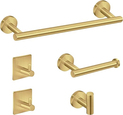 Photo 1 of  PCS Matte Gold Bathroom Hardware Set,304 Stainless Steel Towel Rack Set Round Wall Mounted Includes 16" Hand Towel Bar,Toilet Paper Holder,3 Towel Hooks Bathroom Accessories Kit