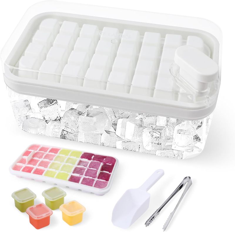 Photo 1 of ALSTER Ice Cube Tray with Lid and Bin, 64 Pcs Easy Release Ice Cube Molds for Freezer, Contain with Ice scoop, ice tongs & ice Molds, for Whiskey, Cocktail, Coffee, BPA Free - White

