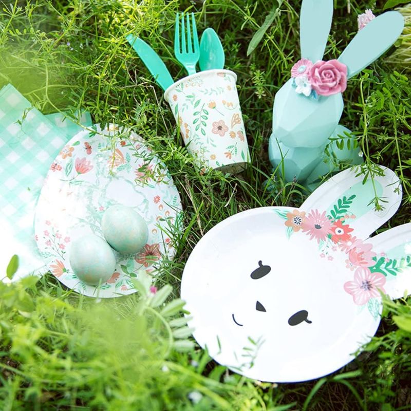 Photo 1 of  Bunny Easter Tableware Set, Disposable Paper Plates,Tablecloth Cutlery for Easter Party Decoration, Kids Birthday Party and Baby Shower Party Supplies
