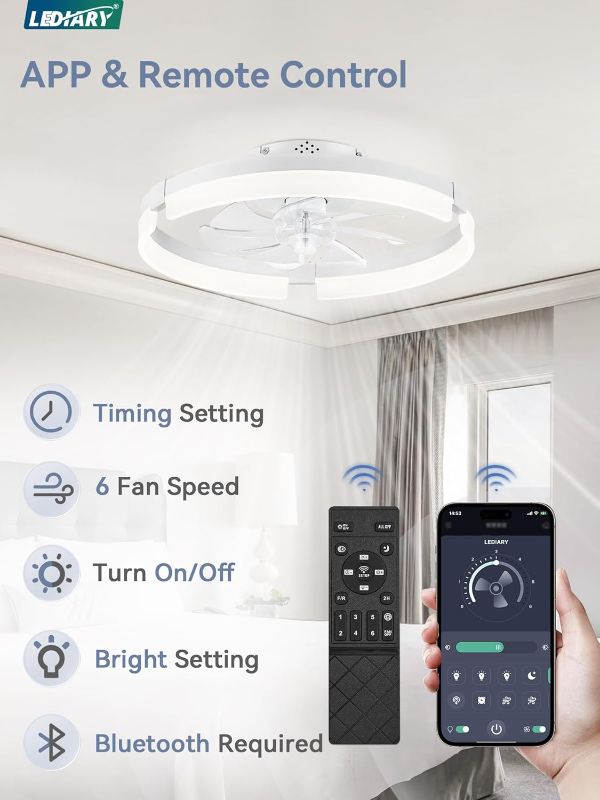 Photo 1 of 

LEDIARY Ceiling Fans with Lights and Remote, 19.7 Inch Low Profile Ceiling Fan, 6 Speeds, Reversible, Dimmable Flush Mount Fan Light,Modern & Bladeless...
Color:White