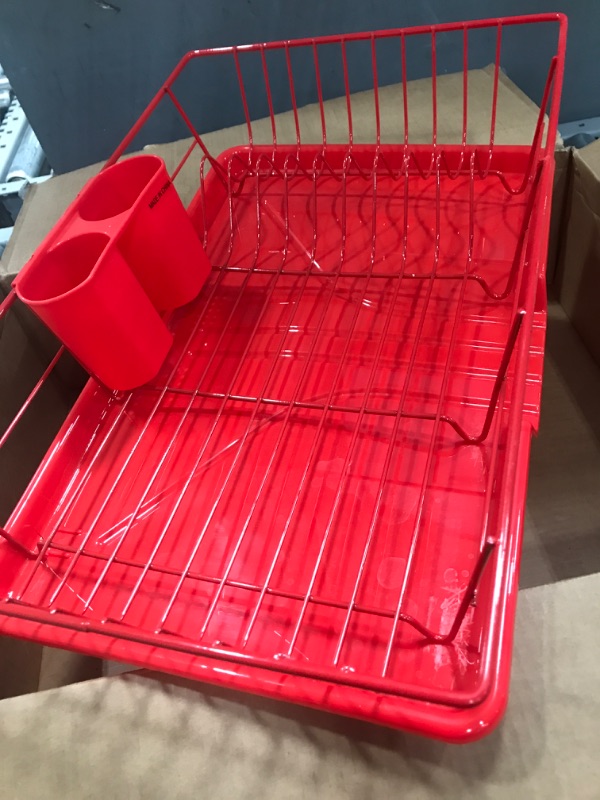 Photo 2 of 3 Piece Rust-Resistant Vinyl Dish Drainer with Self-Draining Drip Tray, Red
