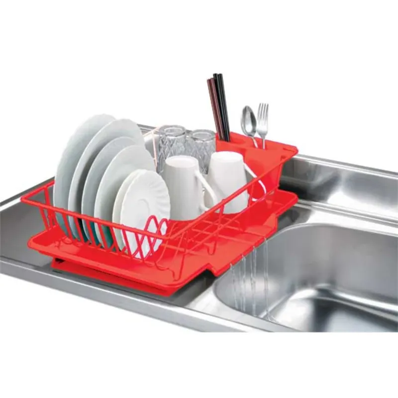 Photo 1 of 3 Piece Rust-Resistant Vinyl Dish Drainer with Self-Draining Drip Tray, Red
