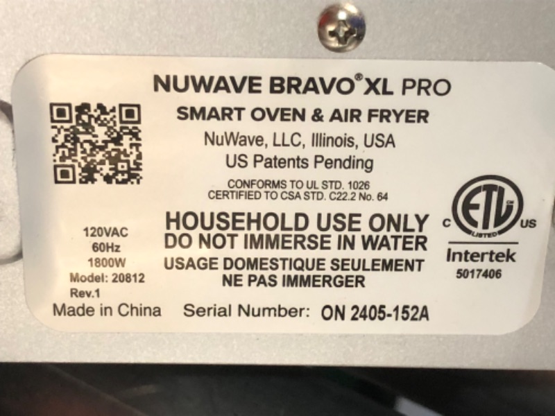 Photo 3 of ***NONREFUNDABLE - THIS SALE FINAL -  PARTS ONLY - SEE COMMENTS***
Nuwave Bravo XL Pro Air Fryer Toaster Oven, Improved 100% Super Convection, Quicker & Crispier Results, 100 Presets, Multi-Layer Even Cooking, 50-500F, Smart Probe, PFAS Free, 30QT, Stainl