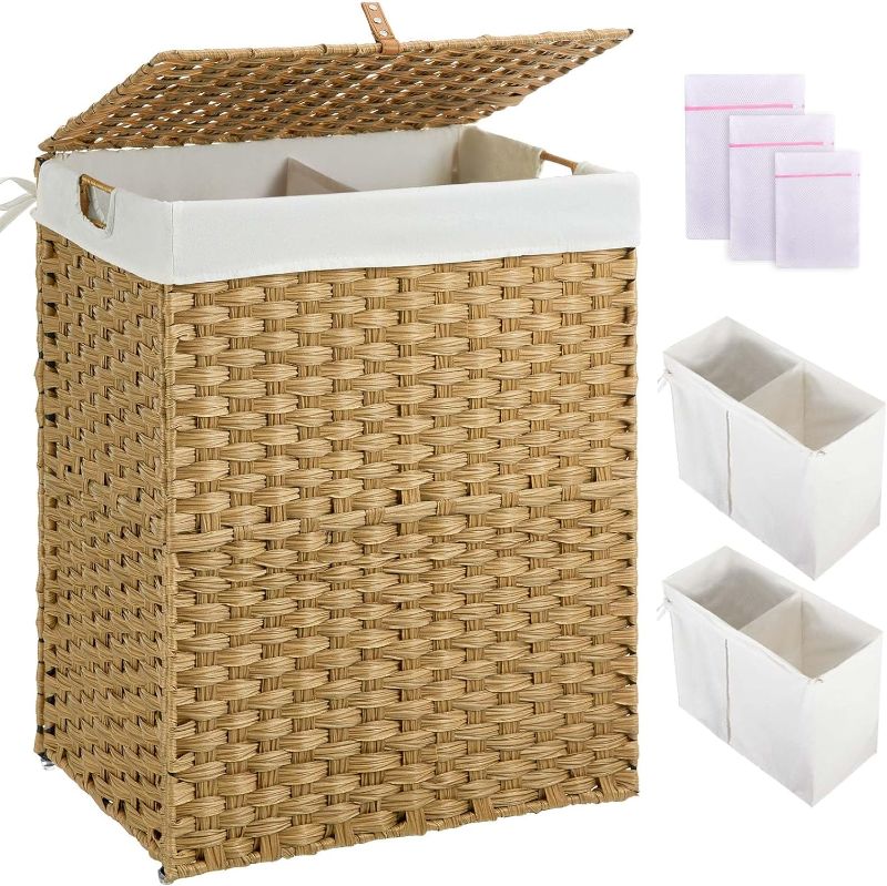 Photo 1 of 
Greenstell Laundry Hamper with lid, No Install Needed, 110L Wicker Laundry Baskets Foldable 2 Removable Liner Bags, 2 Section Clothes Hamper Handwoven...