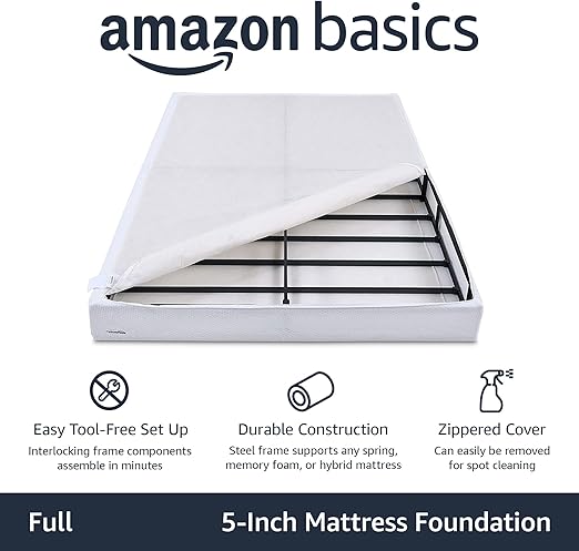 Photo 1 of Amazon Basics Smart Box Spring Bed Base, 5 Inch Mattress Foundation, Tool-Free Easy Assembly, Full, White
