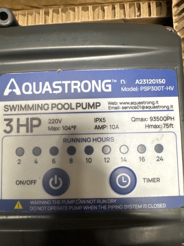 Photo 3 of AQUASTRONG 3 HP In/Above Ground Pool Pump with Timer, 220V, 9350GPH, High Flow, Powerful Self Primming Swimming Pool Pumps with Filter Basket 220V 3hp + With Timer