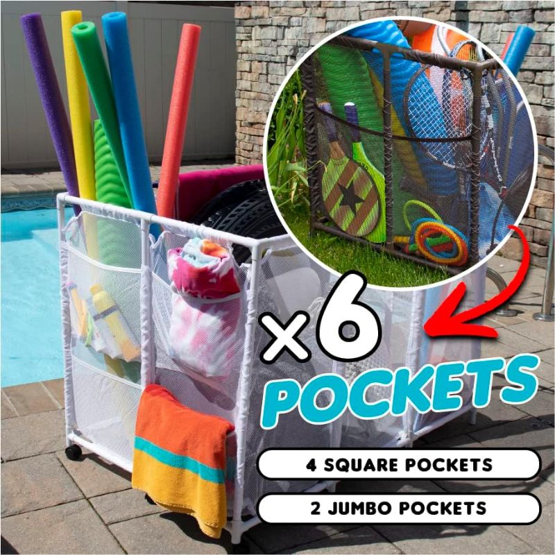 Photo 3 of (READ FULL POST) Essentially Yours Pool Noodles Holder, Toys, Floats, Balls and Floats Equipment Mesh Rolling Storage Organizer Bin, Extra-Large, (47.2" W x 30.2" L x 34" H), White Style 455119