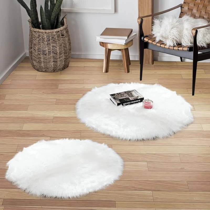 Photo 1 of (READ FULL POST) HYSEAS 2 Pack Faux Sheepskin Fur Area Rug, White 3x3 Feet Round Fluffy Soft Fuzzy Plush Shaggy Carpet Throw Rug for Indoor Floor, Sofa, Chair, Bedroom, Living Room, Home Decoration