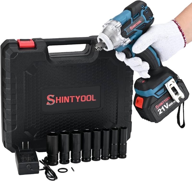 Photo 1 of  SHINTYOOL 
21v Cordless Impact Wrench, 4.0 Ah Battery Small Impact 300 Torque Ft-Lbs (400 N.M),1/2in Impact Wrench With Hog Ring Anvil And 8 Sockets