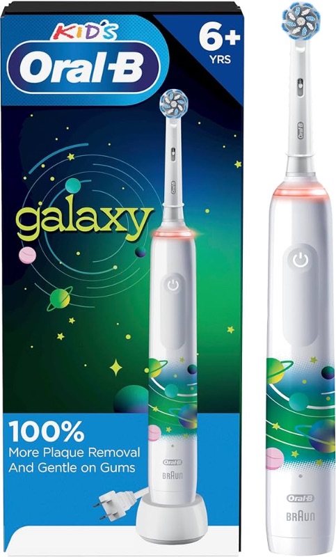 Photo 1 of ***FACTORY SEALED***Oral-B Kids Electric Toothbrush with Coaching Pressure Sensor and Timer, Rechargeable Toothbrush with (2) Brush Heads, Galaxy