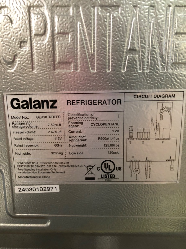 Photo 3 of ***DAMAGED - POWER CORD MISSING - UNTESTED - SEE COMMENTS***
Galanz 10.0 cu. ft. Retro Top Freezer Refrigerator with Dual Door True Freezer, Frost Free in Red