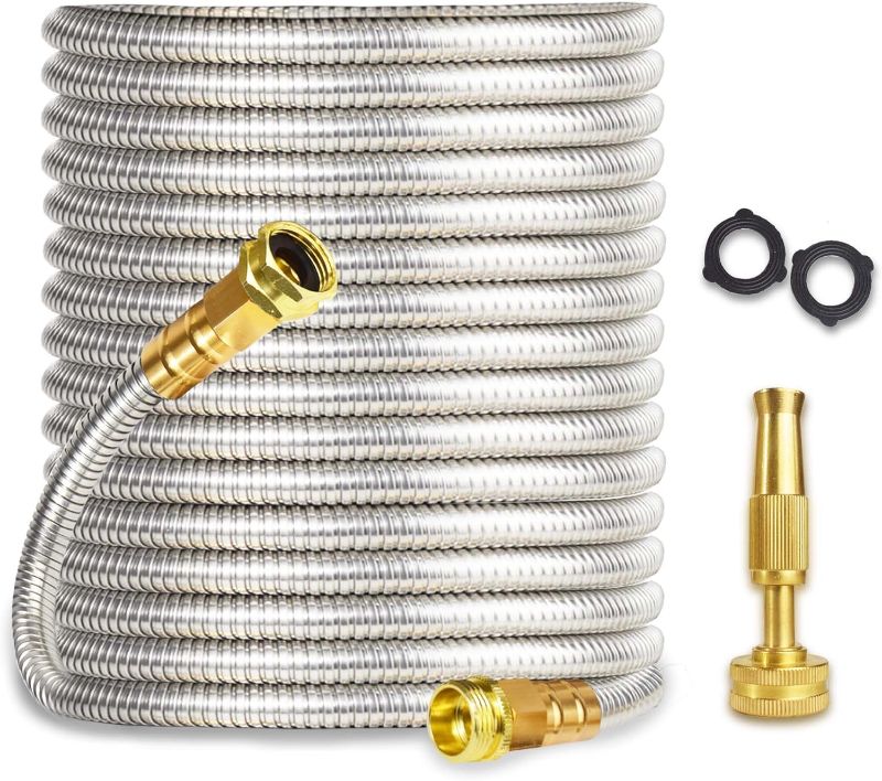 Photo 1 of ***STOCK PHOTO REFERENCE ONLY*** ***NO NOZZLE***Metal Garden Hose 100FT Heavy Duty Lightweight 304 with Brass Nozzle,Durable Fittings,No Kink & Tangle,Puncture Resistant,Easy to Use & Store for RV,Outdoor, Yard,Light (100ft)
