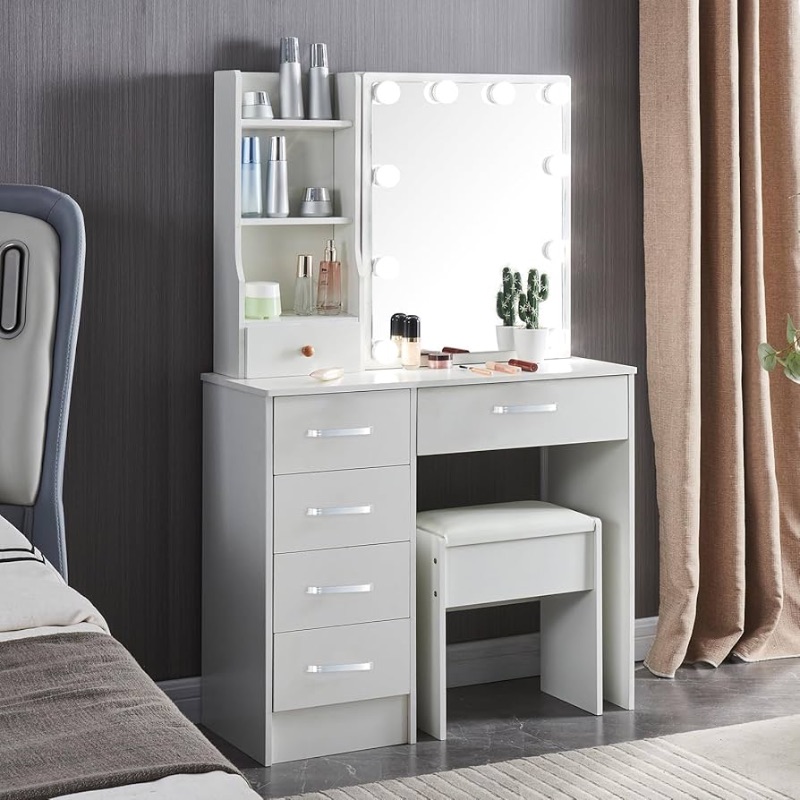 Photo 1 of ***STOCK PHOTO REFERENCE ONLY***
Vanity Desk with 10 Lights and Mirror, 6 Storage Shelves, 3 Lighting Modes Vanity Set Brightness Adjustable, 6 Drawers Dressing Table with Cushioned Stool for Girls Bedroom