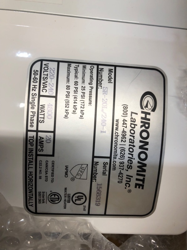 Photo 2 of 
Chronomite
Instant-Flow SR-Low Flow 240-Volt 4800-Watt 0.35 GPM Point of Use Electric Tankless Water Heater, 20 Amp