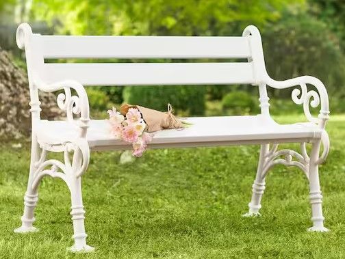 Photo 1 of 42 in. White Plastic Outdoor Garden Bench with Scroll Arms