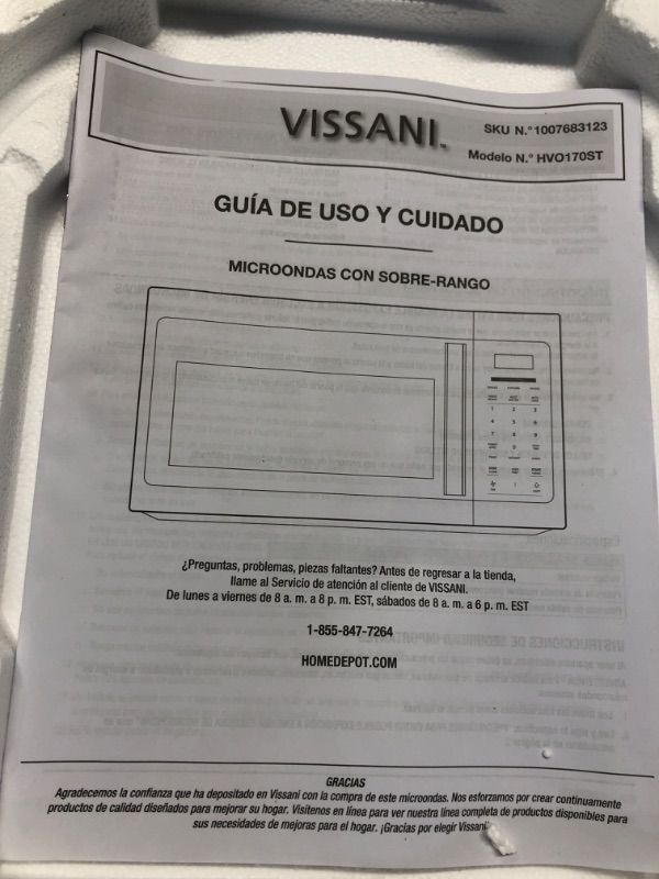 Photo 2 of ***USED - MISSING GLASS TURNTABLE - UNABLE TO TEST - SEE PICTURES***
Vissani 1.7 cu. ft. 1000-Watt Over the Range Microwave in Stainless Steel