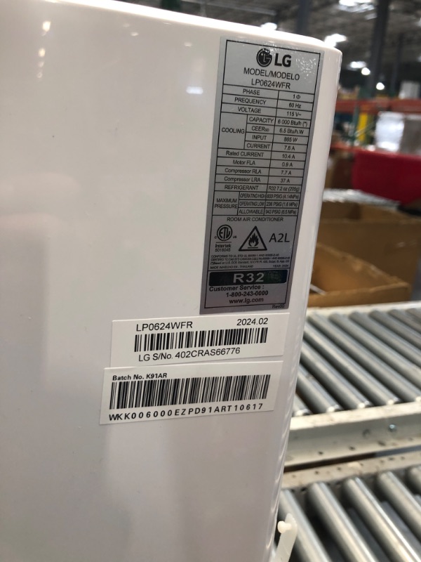 Photo 2 of ***(PARTS ONLY/ NON FUNCTIONAL/ NO RETURNS OR REFUNDS) ***
LG LP0624WFR Portable Air Conditioner w/Remote, Cools 250 Sq.Ft, Quiet Operation, 115V, 6,000 BTU (9700 ASHRAE), White