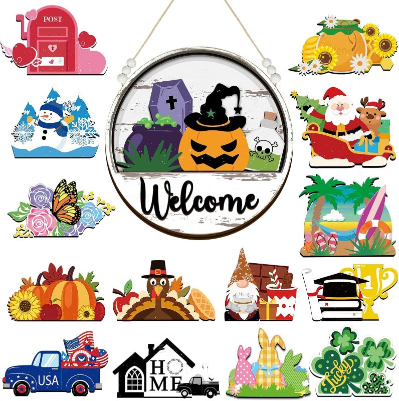 Photo 1 of ***STOCK PHOTO REFERENCE ONLY***Sintuff Interchangeable Seasonal Welcome Sign for Front Door Round Welcome Wreaths Porch Hanging Decor Farmhouse for Fall Halloween Autumn Thanksgiving Seasons Holiday(Black Word, White Back)