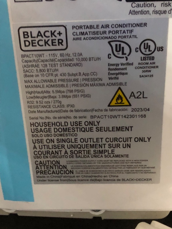 Photo 9 of ***USED - POWERS ON - UNABLE TO TEST FURTHER***
BLACK+DECKER 10,000 BTU Portable Air Conditioner up to 450 Sq.Ft. with Remote Control,White White 1 Count (Pack of 1)