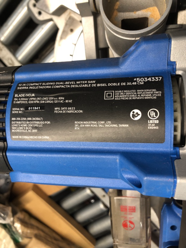 Photo 4 of ***USED - LIKELY MISSING PARTS - UNABLE TO VERIFY FUNCTIONALITY***
Kobalt Compact 12-in 15-Amp Dual Bevel Sliding Compound Corded Miter Saw