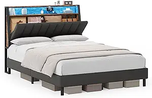 Photo 1 of **NON-REFUNDALBE** (READ FULL POST) VASAGLE LED Bed Frame Full Size, Storage Headboard and Charging Station, Full Bed Frame with 2 AC Outlets, 1 USB Port, 1 Type-C Port, No Box Spring Needed, Ink Black and Rustic Brown URMB842B01
