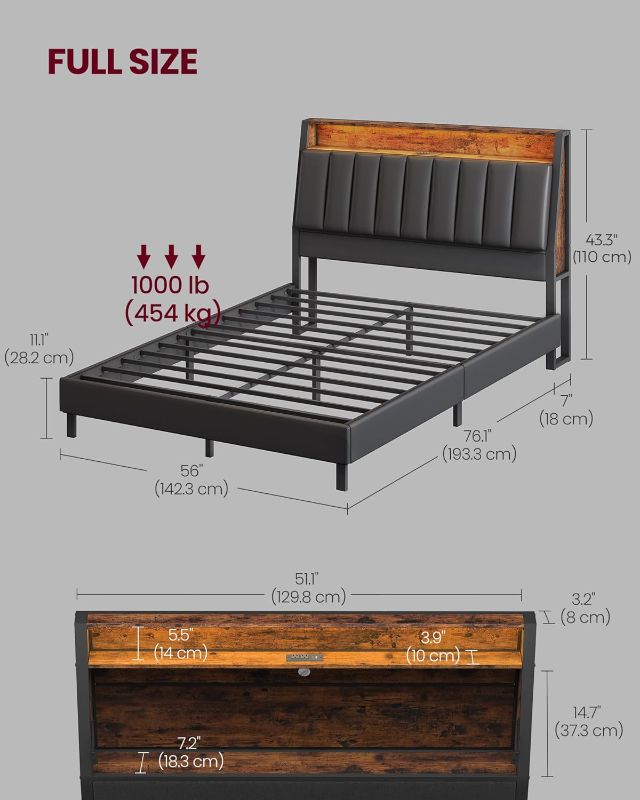 Photo 5 of **NON-REFUNDALBE** (READ FULL POST) VASAGLE LED Bed Frame Full Size, Storage Headboard and Charging Station, Full Bed Frame with 2 AC Outlets, 1 USB Port, 1 Type-C Port, No Box Spring Needed, Ink Black and Rustic Brown URMB842B01
