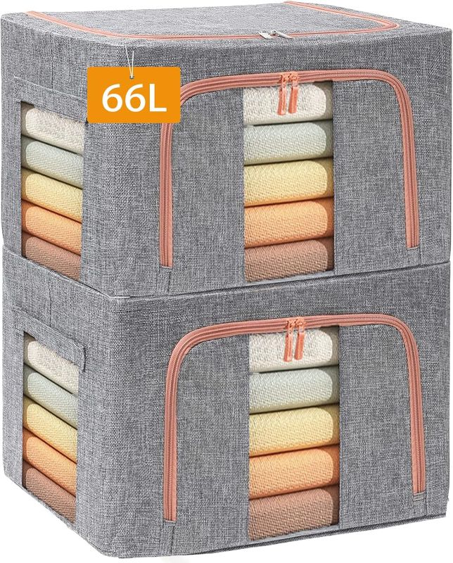 Photo 1 of  Capacity Clothes Storage Bags Stackable Storage Organizer with Foldable Metal Frame Zipper Handles Clear Window Storage Container Box for Blanket Sweater Comforter Pillow (Gray 2 Pack)