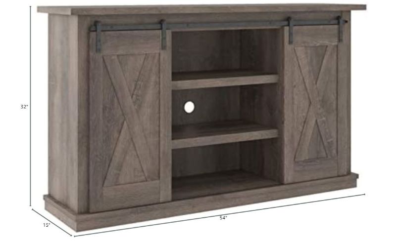 Photo 6 of **HEAVY** Signature Design by Ashley Arlenbry Farmhouse TV Stand, Fits TVs up to 52" with Sliding Barn Doors, Weathered Oak Gray Grey TV Stand