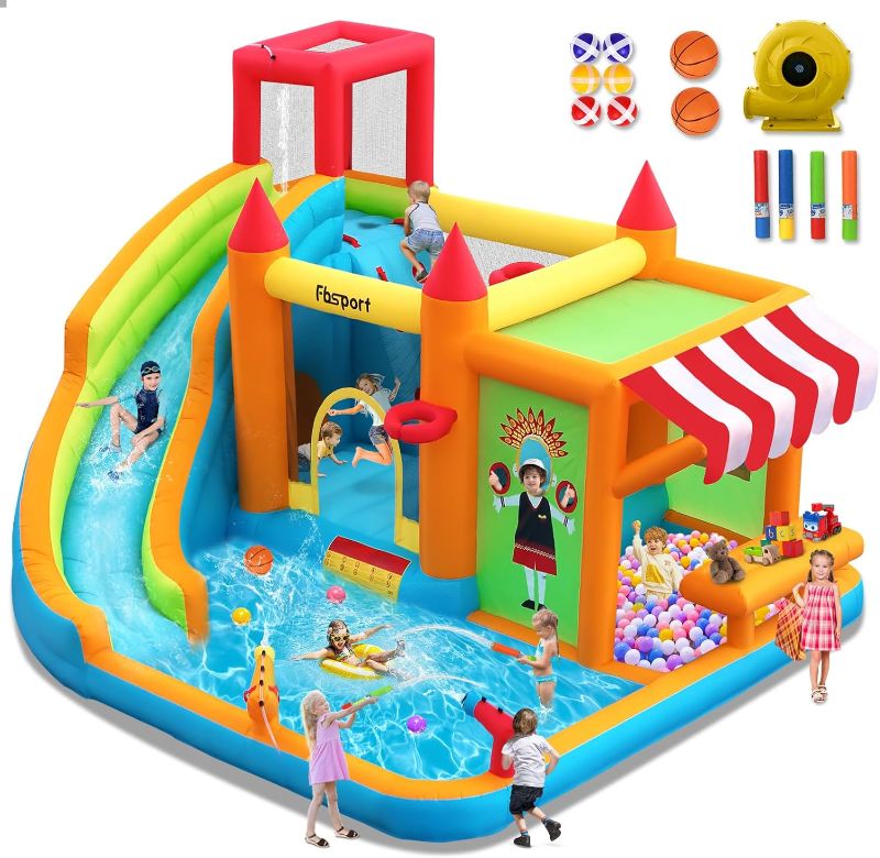 Photo 1 of 
FBSPORT Inflatable Bounce House Water Slide, Bounce House for Kids with Toy Market Stand Splash Pool Bouncer Climbing Wall Water