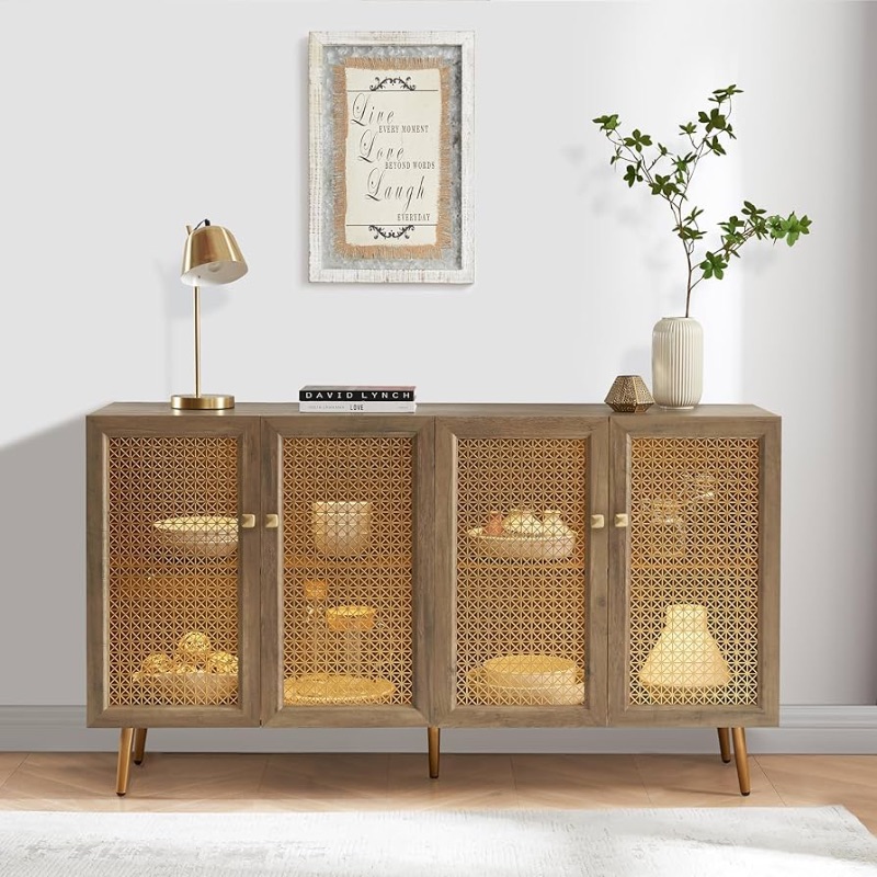 Photo 1 of **NONREFUNDABLE**FOR PARTS OR REPAIR**SEE NOTES**
EDYO LIVING 63" Sideboard Buffet Cabinet with LED Light, Credenza Storage Cabinet with 4 Cut-out Mesh Doors for Sound Transmission Heat and Dissipation, Wood Accent Cabinet for Living Room, Rustic Oak