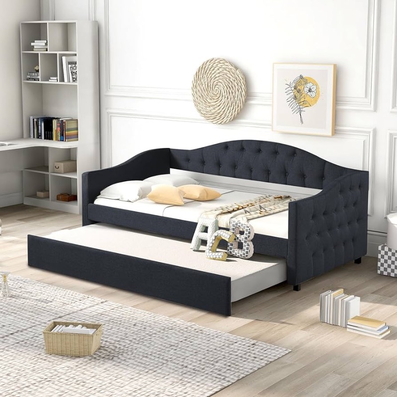 Photo 1 of ***PARTIAL SET - BOX 2 OF 2 ONLY - CANNOT BE FULLY ASSEMBLED - SEE PICTURES***
LZ LEISURE ZONE Twin Size Daybed with Trundle, Upholstered Twin Daybed Frame, Tufted Upholstered Design Daybed and Trundle Set, Twin Size Daybed Frame, Dark Gray