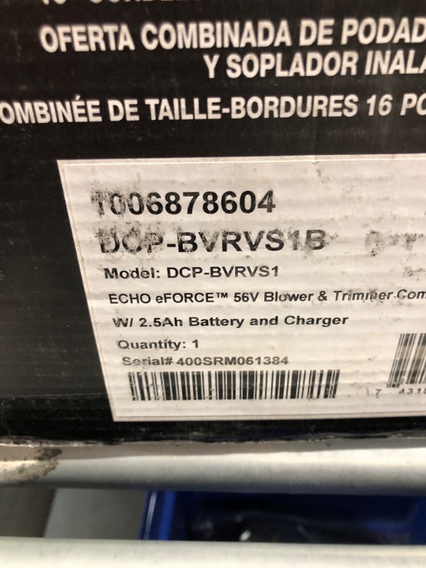 Photo 3 of ****The charger and battery are missing, which makes it impossible to test the operation of the machines,PARTS ONLY ***** 
Echo DCPBVRVS1B eFORCE 56V Brushless Cordless Combo Kit w/ 16" String Trimmer, 158 MPH 549 CFM Handheld Blower