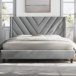 Photo 1 of ***STOCK PHOTO FOR REFERENCE3*** Yaheetech Queen Bed Frame Upholstered Platform Bed with Wing Side/Wooden Slat Support/Tufted Headboard with Wing Side/Mattress Foundation/No Box Spring Needed,Light Gray Queen Bed