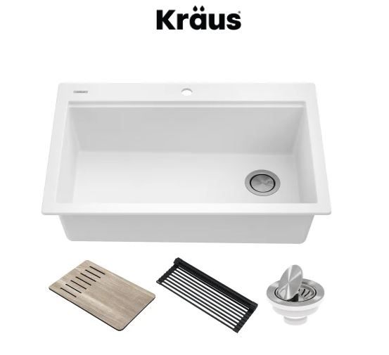 Photo 1 of (READ FULL POST) Kraus Bellucci 33" Drop In Single Basin Granite Composite Kitchen Sink with Basket Strainer, Cutting Board, and Drain Board
