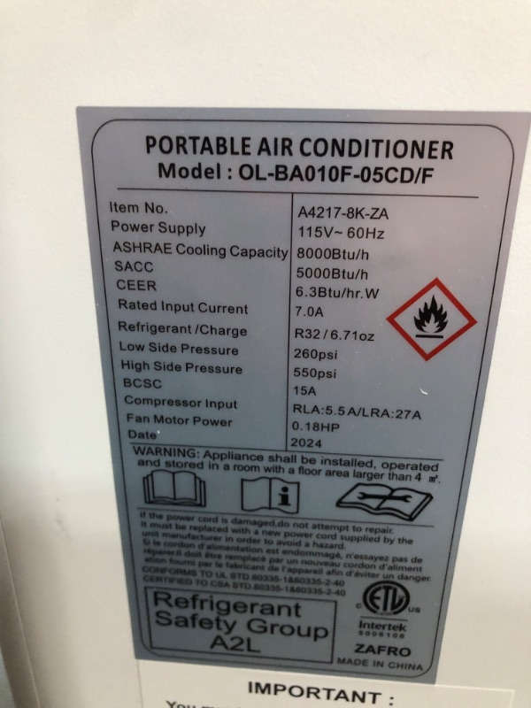 Photo 6 of ***USED - MISSING REMOTE AND OTHER PARTS - POWERS ON - UNABLE TO TEST FURTHER - SEE PICTURES***
8,000 BTU Portable Air Conditioners Cool Room Up to 450 Sq.Ft, 4 Modes Portable AC with Remote/LED Display/24Hrs Timer