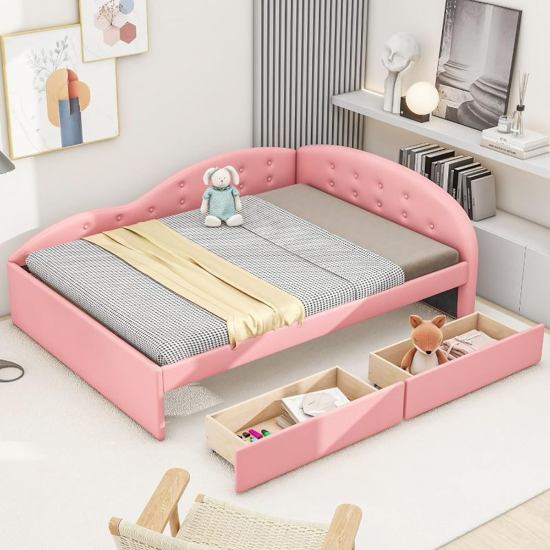 Photo 1 of **PARTS ONLY NON REFUNDABLE**BOX 1 OF 2 ONLY** READ NOTES**
Merax PU Upholstered Tufted Daybed, Full Size with Two Drawers, Pink