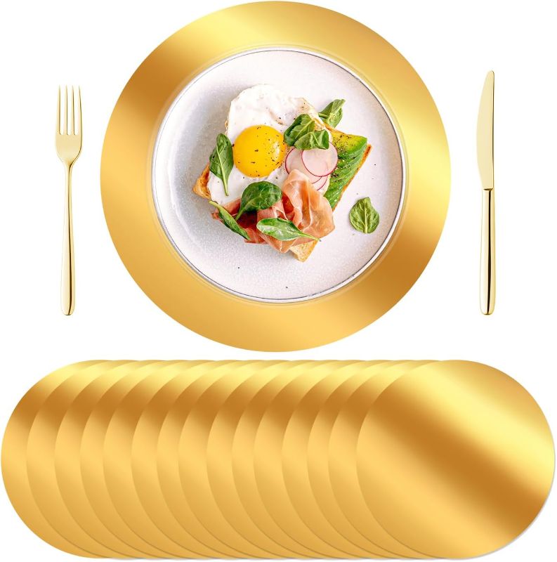 Photo 1 of ***STOCK PHOTO REFERENCE ONLY*** (SILVER IN COLOR) KesaPlan 100PCS Round Gold Placemats, 13" Disposable Paper Placemats for Dining Table, Mirrored Gold Charger Place Mat for Kitchen Banquet Table Setting Wedding Birthday Dinner Party Decor
