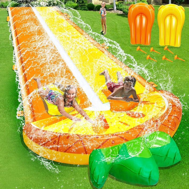 Photo 1 of [ 3 Sided Safe Fence ] Pineapple Lawn Water Slides with 2 Bodyboards for Kids Adults, Heavy Duty Water Toys Sprinkler 2 Race Lane Outdoor Summer Beach Swimming Pool Water Game Party, 18 x 5.6 ft