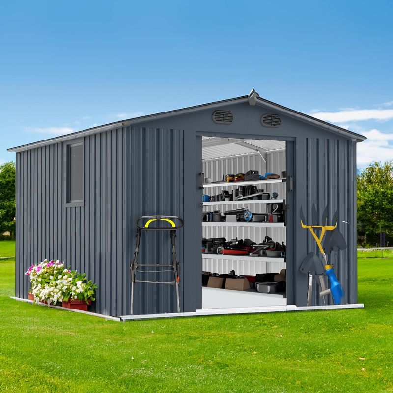 Photo 1 of **TRUCK OR TRAILER PICK UP ONLY **USED**CHARMMA 8x10 FT Outdoor Storage Shed, Large Metal Tool Sheds with Window and Lockable Doors, Garden Shed for Backyard Garden Patio Lawn, Dark Grey-27
