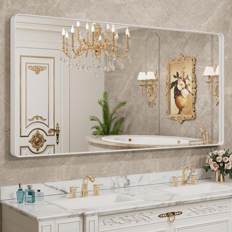 Photo 1 of ***USED - LIKELY MISSING PARTS - UNABLE TO VERIFY FUNCTIONALITY***
LOAAO 72x36 Inch White Metal Framed Bathroom Mirror for Wall, White Bathroom Vanity Mirror Farmhouse, Large Rounded Rectangle Mirror, Anti-Rust, Tempered Glass, Hangs Horizontally or Verti