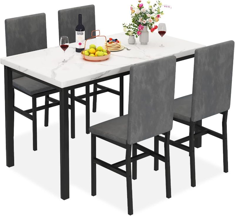 Photo 1 of ***STOCK PHOTO REFERENCE ONLY***
 Dining Table Set for 4, 5-Piece Marble DiningTableSet with 4 Velvet Metal Frame Chairs for Kitchen, Bar, Living Room, Breakfast Nook, Small Space, 03 Gray
