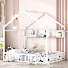 Photo 1 of **READ NOTES**
ZNTS Wooden Twin Size House Bed with Storage Shelf,Kids Bed with Fence and Roof, White 