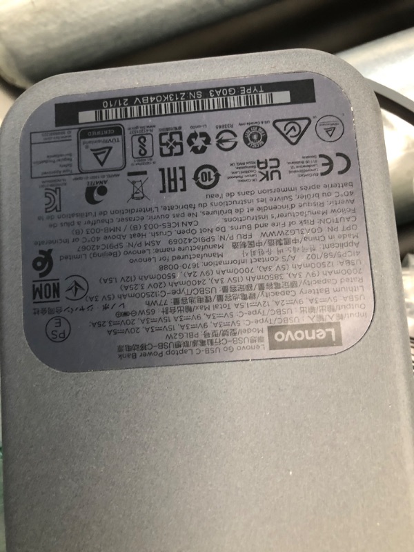 Photo 3 of **LIKE NEW
Lenovo Go USB-C Laptop Power Bank (20000 mAh) - 65W - USB-C and USB-A Ports - Fast Charging Portable Power Station with Integrated Cable - Model PBLG2W - Storm Grey