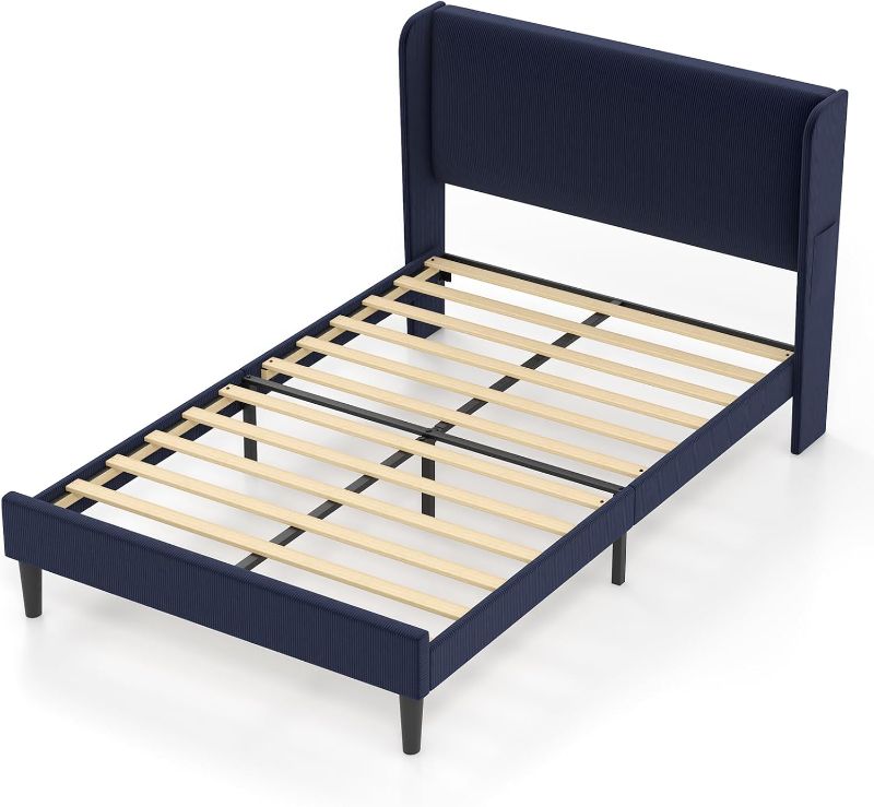 Photo 1 of (READ FULL POST) King Size Upholste red Bed Frame with Headboard - Vertical Grain Upholstery, No Box Spring Needed, Noise Free, Solid Wood Slats Support, Wingback Design Full XL Navy Blue